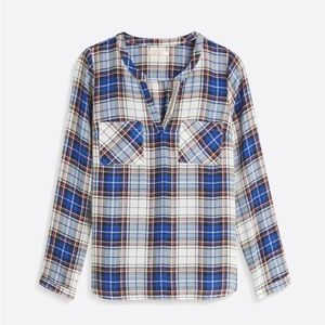 Skies Are Blue Plaid Blue Avena Split Neck Top